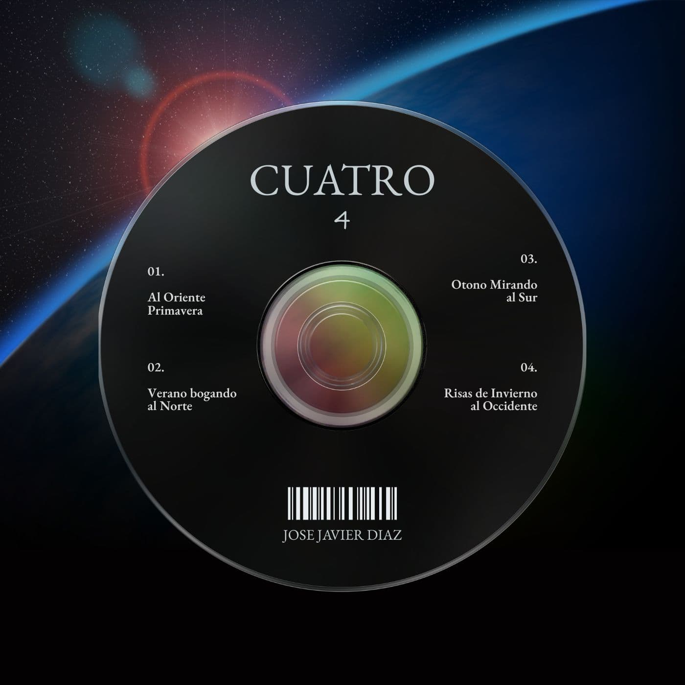Cartel del documental CUATRO de JOSE JAVIER DIAZ: cara reflectante de un CD sobre fondo nocturno con un destello azul.